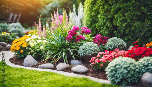 flower garden design with multicolored blossoms  creating a visually stunning and harmonious landscape