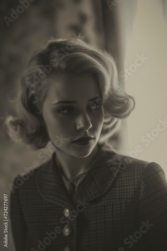 Portrait of a sad young German woman during the Second World War. Young German woman with short hair in 40s in office attire in sad and gloomy atmosphere.