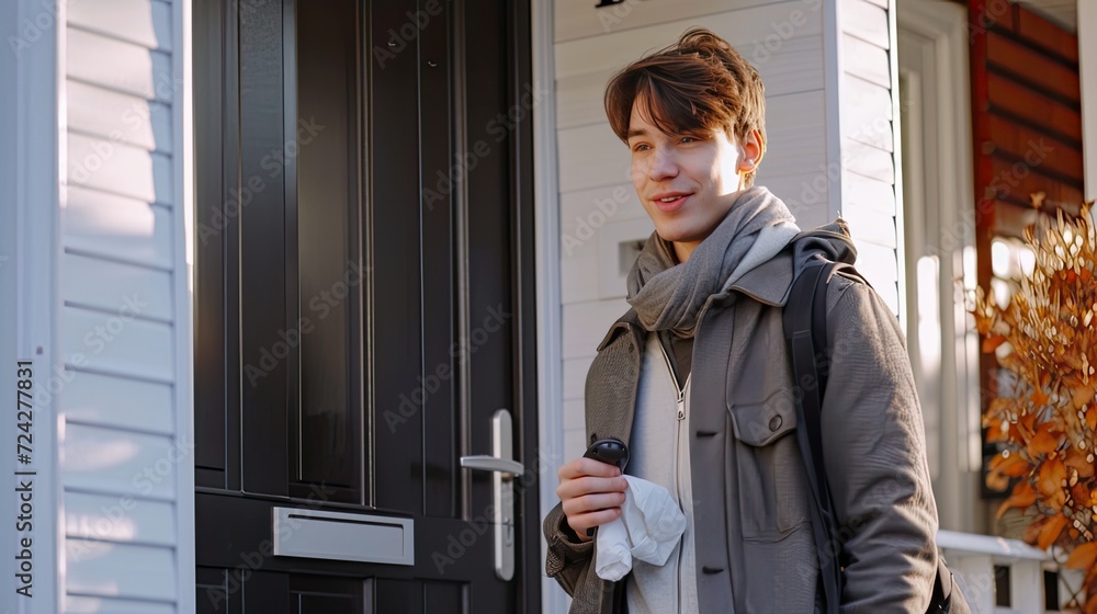 the expression on the young man's face as he knocks on the door. The guy in front of the entrance leads into the house. The guy's emotions such as anticipation, curiosity or excitement