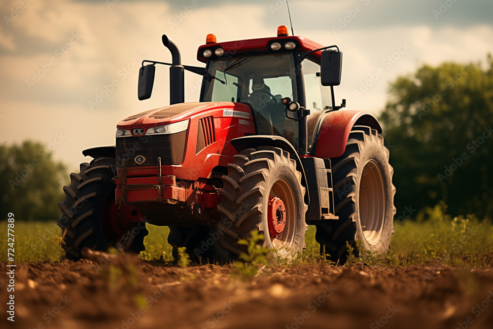 Obraz premium Tractor in a field. Farm. Agriculture. Harvest in a field. Agricultural professions. Peasant world. Harvest period. 