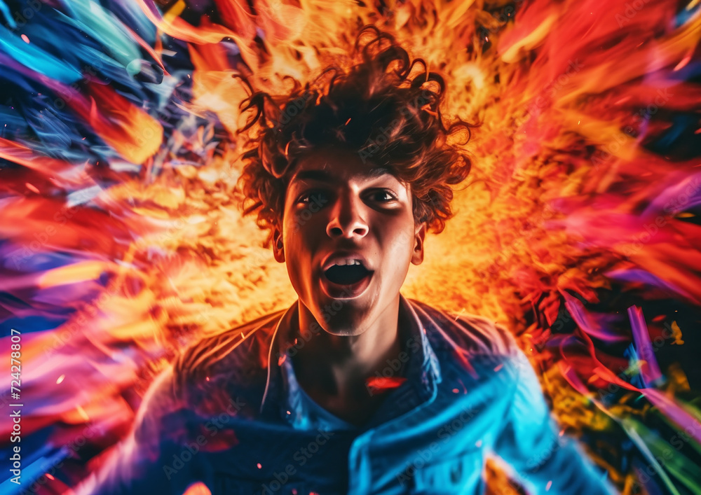 Amazed Teen with Explosive Abstract Art