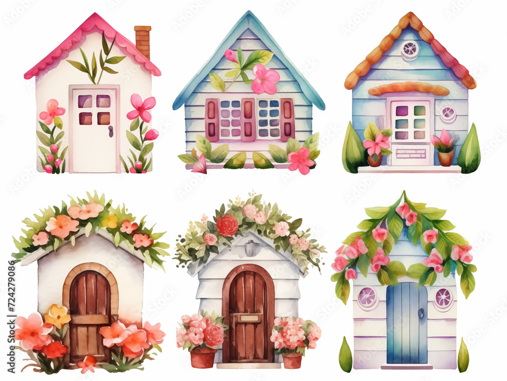 Watercolor set of cute small houses with flowers on white background Watercolor set of cute small houses with flowers on white background