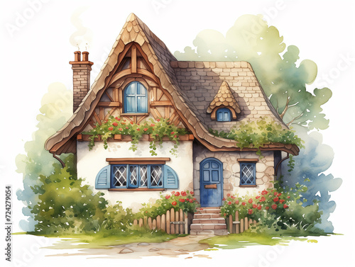 Illustration of watercolor  small fabulos house on white background photo