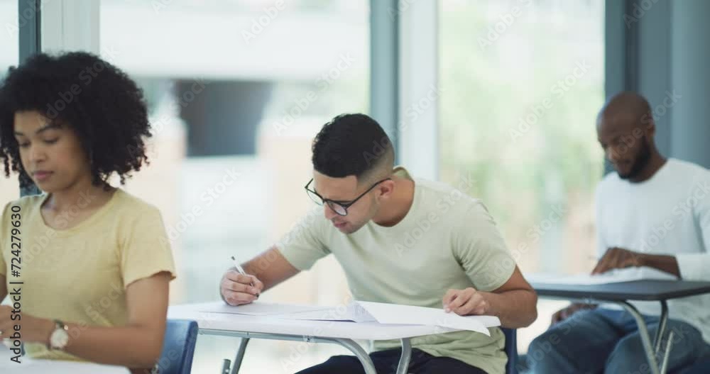 Teacher, students and writing exam in classroom for assessment, grade or knowledge at university. Moderator with group or learners or pupils ready for test, start or paper with documents at school Teacher, students and writing exam in classroom for assessment, grade or knowledge at university. Moderator with group or learners or pupils ready for test, start or paper with documents at school