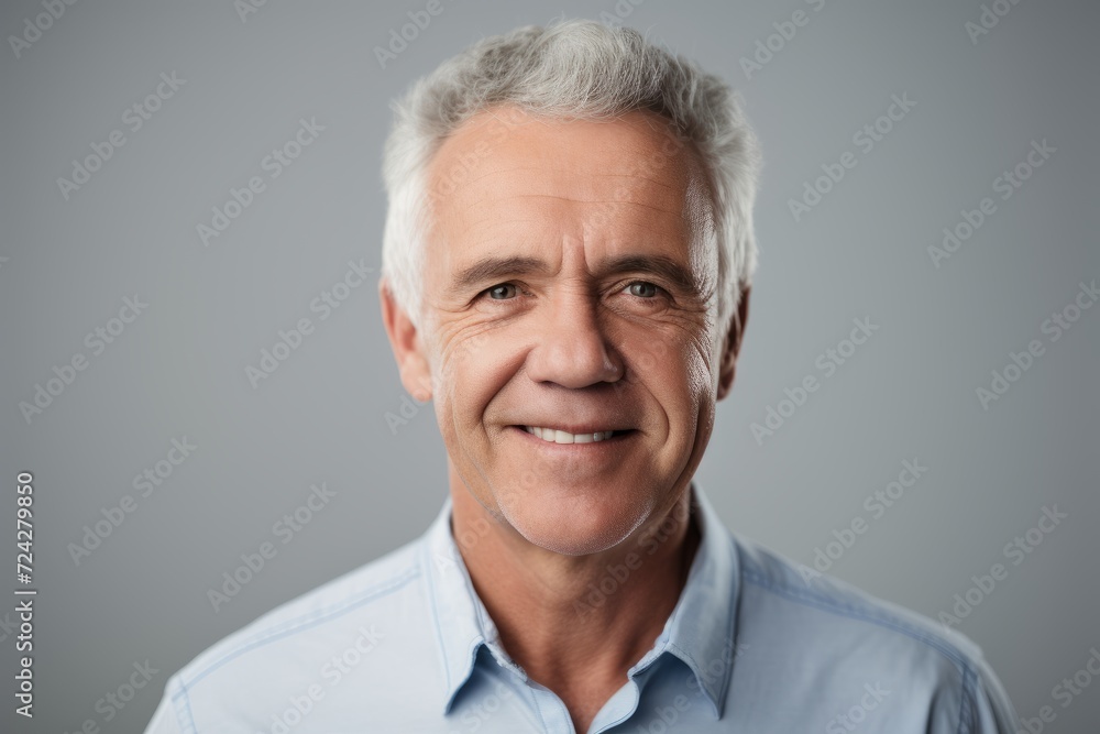 Handsome senior man. Portrait of mature man smiling and looking at camera while standing against grey background Handsome senior man. Portrait of mature man smiling and looking at camera while standing against grey background