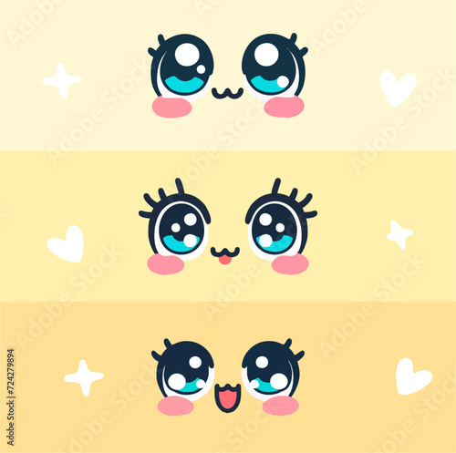 Kawaii manga style female cute eyes set. Drawing doll eyes, eyes for mascot. Beautiful eyes with female eyelashes.
