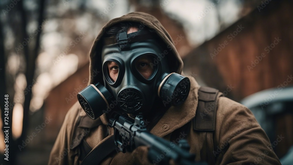 person in mask Post apocalypses world halloween concept. Portrait of man in gas mask with handgun person in mask Post apocalypses world halloween concept. Portrait of man in gas mask with handgun