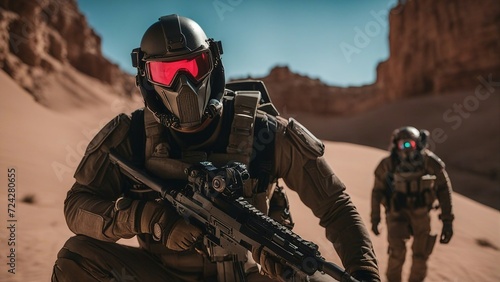 soldier in camouflage  A sci fi story where a soldier has a mask that can adapt to different environments and situations.   