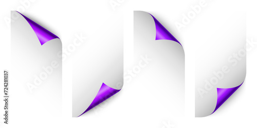 Set of violet paper curls. Curled page corner with shadow. Blank sheet of paper. Colorful shiny foil. Design element for advertising and promotion. Vector illustration.