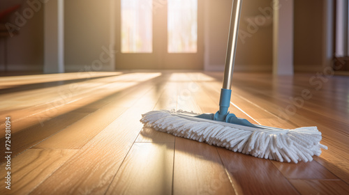 Cleaning wooden floor in a room with a mop