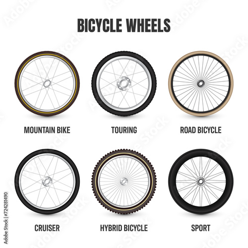 Realistic 3d retro bicycle wheels. Vintage bike rubber tyres, shiny metal spokes and rims. Fitness cycle, touring, sport, road and mountain bike. Vector illustration