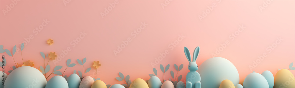 Easter themed pastel palette minimalistic background banner eggs and flowers at the bottom Easter themed pastel palette minimalistic background banner eggs and flowers at the bottom