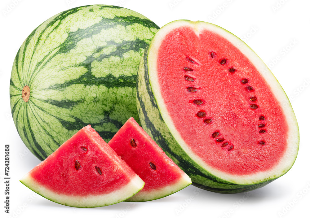 Watermelon and water melon slices isolated on white background. File contains clipping path. Watermelon and water melon slices isolated on white background. File contains clipping path.