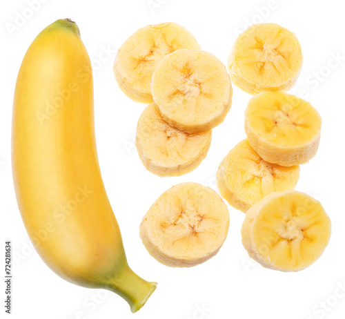 Set of baby bananas and banana slices on white background. File contains clipping paths.