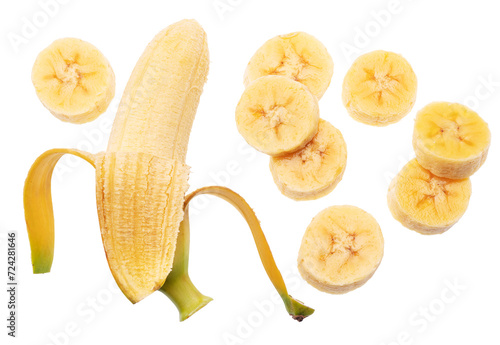 Set of baby bananas and banana slices on white background. File contains clipping paths.