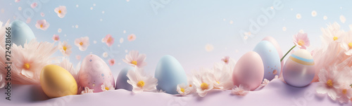 Easter themed pastel palette minimalistic background banner eggs and flowers at the bottom