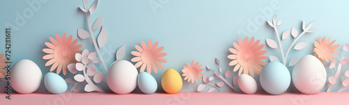 Easter themed pastel palette minimalistic background banner eggs and flowers at the bottom flowers with paper cut out style