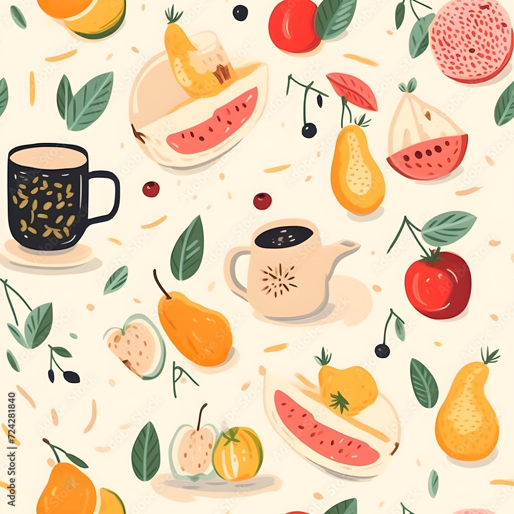 seamless pattern of various foods and fruit, in the style of mixes painting and ceramics, light beige seamless pattern of various foods and fruit, in the style of mixes painting and ceramics, light beige