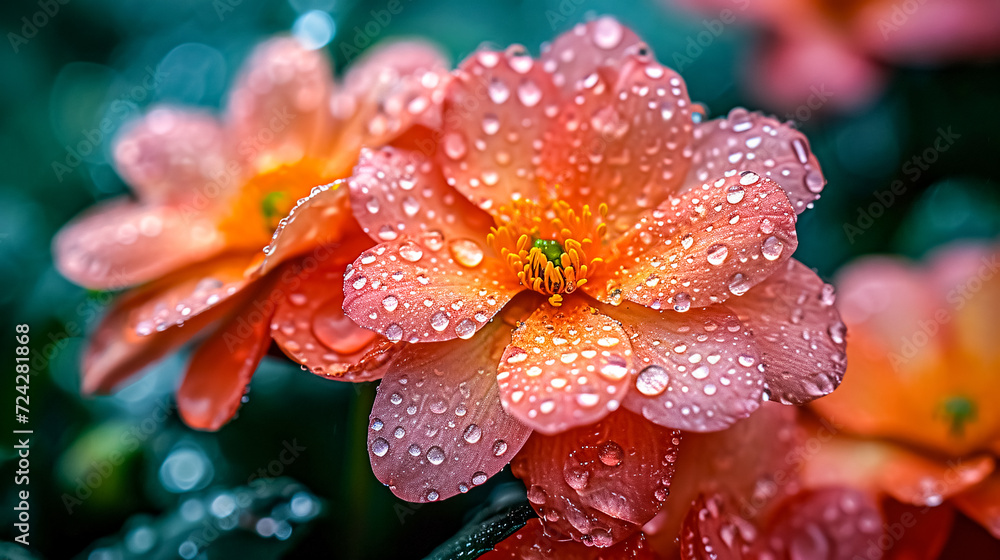 Close-up of beautiful pink flower with dew drops after rain. Close-up of beautiful pink flower with dew drops after rain.