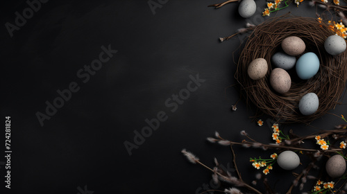 Easter theme dark theme background banner minimalistic charcoal wall with eggs and branches on the right