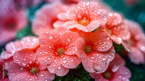 Pink primula flowers with dew drops after the rain close up. 