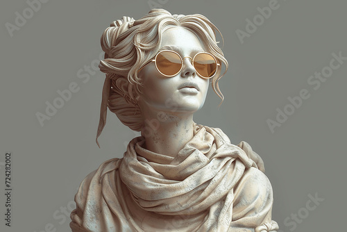 Portrait of marble statue wearing sunglasses on gray background close up side view.