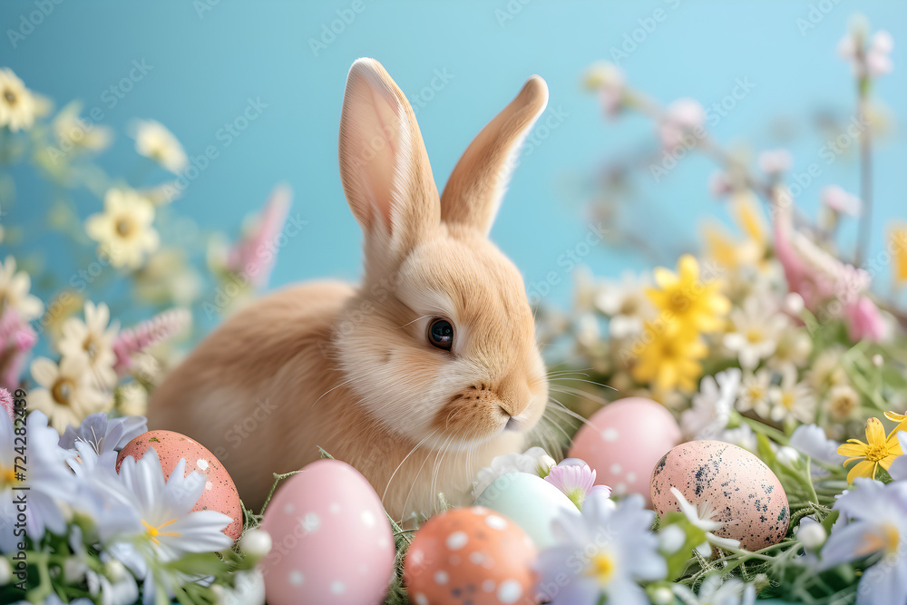 Cute Easter rabbit with colorful eggs and spring flowers on blue background. Easter soft light minimalistic concept with copy space. Pet for background, poster, greeting card, print, banner, flyer Cute Easter rabbit with colorful eggs and spring flowers on blue background. Easter soft light minimalistic concept with copy space. Pet for background, poster, greeting card, print, banner, flyer