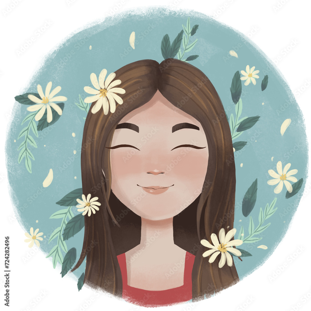 Ilustracion de una mujer joven sonriendo con margaritas en el cabello y alrededor  y hojas verdes  y un fondo circular azul pastel, ilustracion del dia internacional de la mujer ocho de marzo