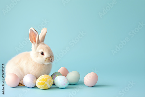 Cute Easter rabbit with colorful eggs on pastel blue background. Easter soft light minimalistic concept with copy space. Pet for background, poster, greeting card, print, banner, flyer