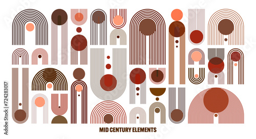 Mid century arch and circle elements, modern geometric shapes. Contemporary design, minimalist art. Trendy design elements for wall decor, posters, books, covers and flyers. Vector illustration