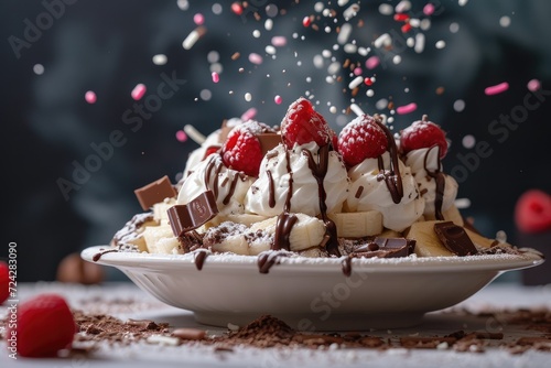 A delectable bowl of sweetness, overflowing with creamy bavarian and buttercream, topped with juicy raspberries and drizzled with rich chocolate syrup, beckons with promises of indulgent delights for