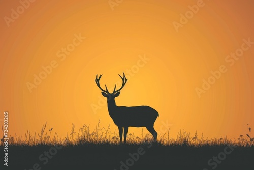 As the sun sets on the horizon, a majestic buck stands in silhouette, its antlers reaching towards the sky in the peaceful serenity of an open field