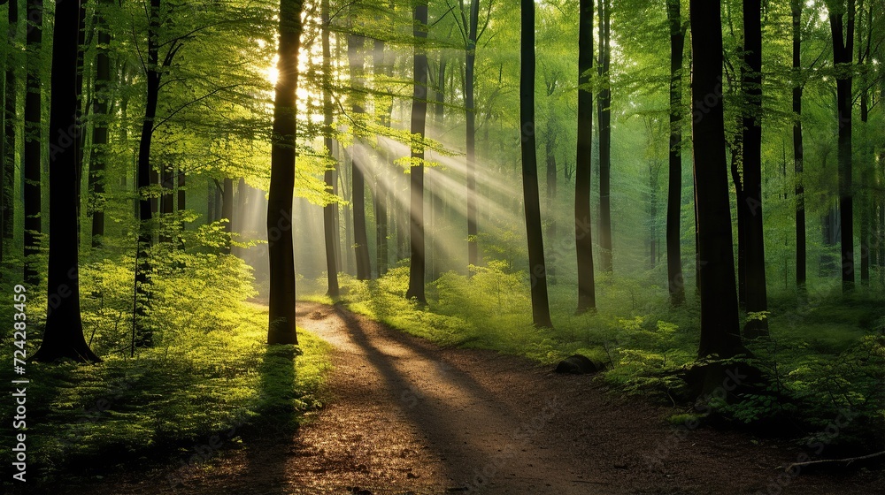 Fototapeta premium Forest landscape, Beautiful sunlight in green forest