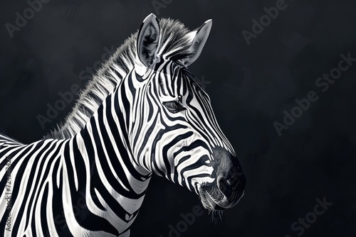 An enigmatic zebra stands out against the inky void, embodying the beauty and resilience of a wild terrestrial mammal in its natural habitat © Milos