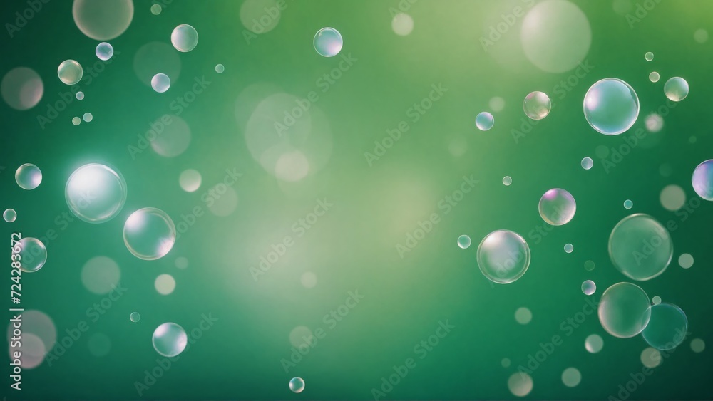 Floating soap bubbles captured in a picture with precision, no bokeh, on a teal and green stage, a 3D-rendered image, light beaming from below, barreleye effect, in a soft light setting