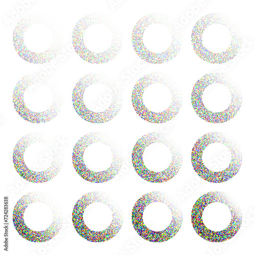 Round shaped dotted objects, vintage stipple elements. Fading gradient. Stippling, dotwork drawing, shading using dots. Colored disintegration effect. Noise grainy texture. Vector illustration