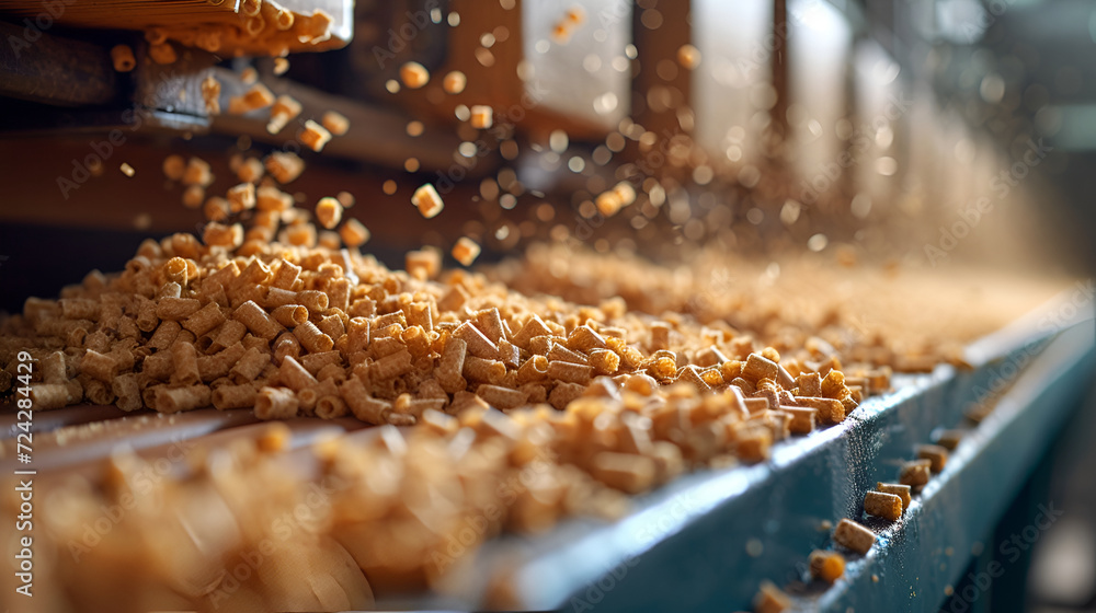 Streaming wood pellets on a manufacturing line, focused on biofuel production. Streaming wood pellets on a manufacturing line, focused on biofuel production.