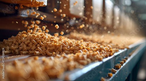 Streaming wood pellets on a manufacturing line, focused on biofuel production.