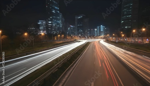 Cars lights on the road of modern city at night time. Timelapse  hyperlapse of transportation. Motion blur  light trails  abstract soft glowing lines created with generative ai 