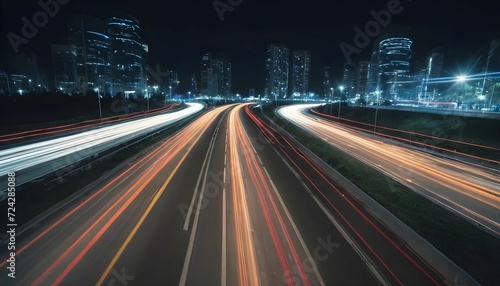 Cars lights on the road of modern city at night time. Timelapse, hyperlapse of transportation. Motion blur, light trails, abstract soft glowing lines created with generative ai 