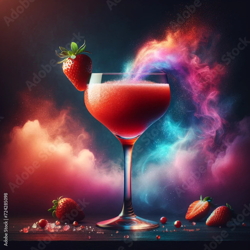 strawberry daiquiri cocktail on a colorful mist, generative ai photo
