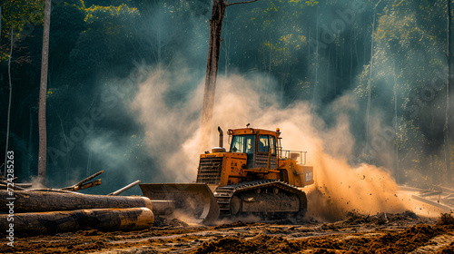 Deforestation concept with a bulldozer at work among trees  dust rising.