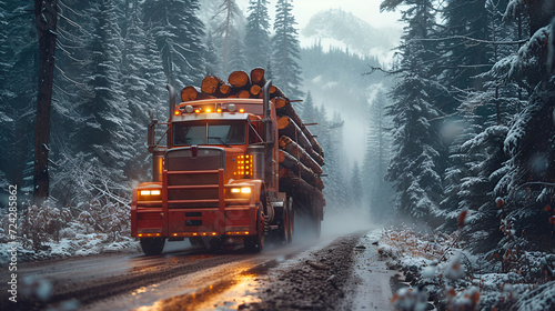 Transport of harvested logs through a winter forest landscape. The global problem of deforestation. Forest Degradation.
