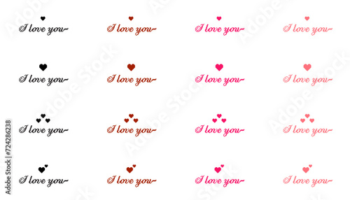 Valentines day background with pixel art hearts and cursive type typography of I love you text. Vector illustration. posters, brochure, banner, black and white, red, hot pink, pastel pink