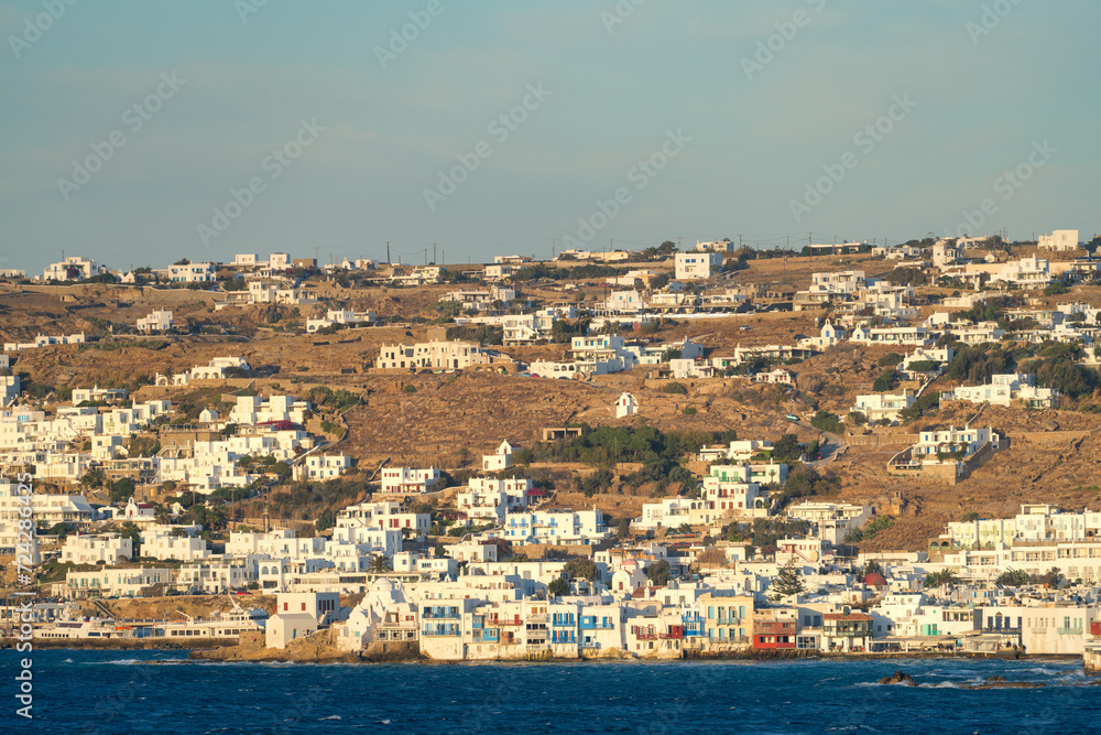 Mykonos village at the coast of Mykonos island. 