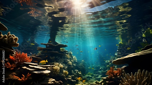 Underwater panoramic view of the coral reef with fishes.