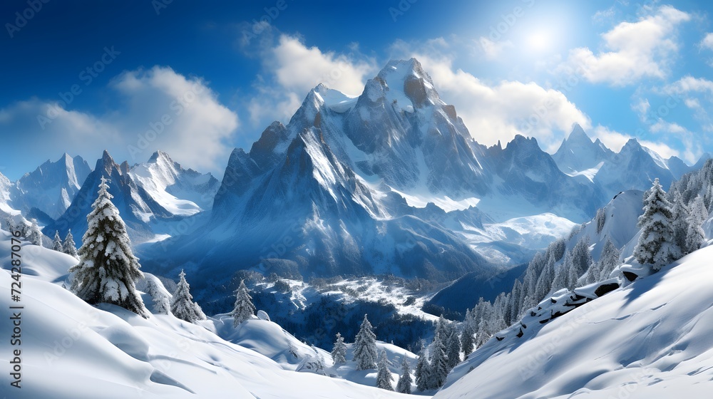 Panoramic view of snowy mountains and blue sky with clouds.