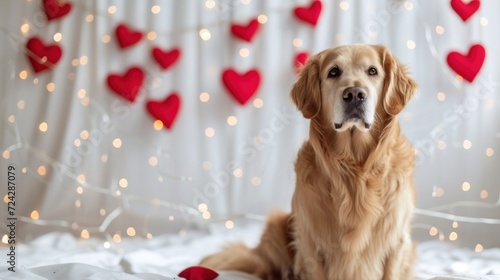 Golden retriever dog sits on a white surface next to red hearts and lights on background