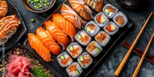 delicious sushi arrangement on minimalist table, Generative AI