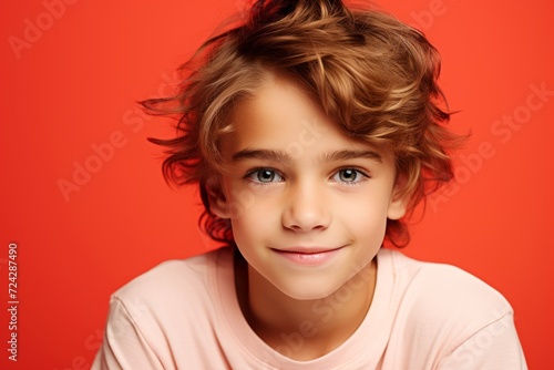 Portrait of a cute little boy on a red background. Studio shot.